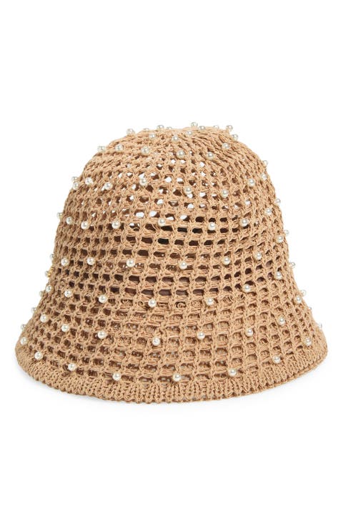 Open Weave Straw Hat with Faux Pearls
