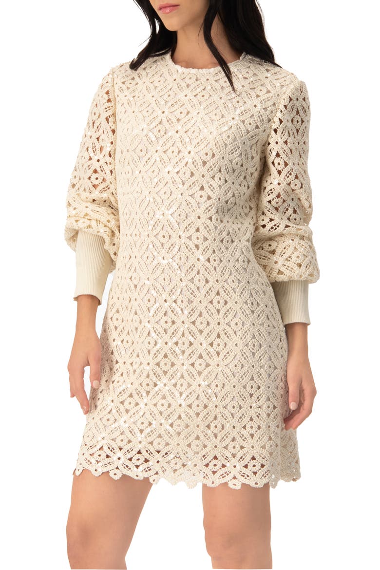 Embroidered Crochet Mini Dress with Sequin Detailing, Alternate, color, Natural