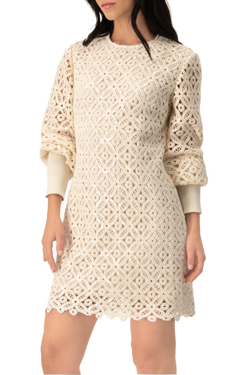 IVONNE Embroidered Crochet Mini Dress with Sequin Detailing, Alternate, color, Natural