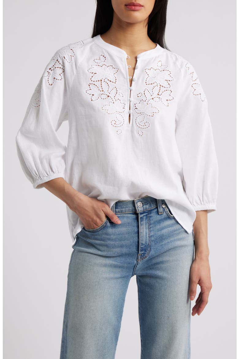 Embroidered Cutwork Split Neck Linen Blend Popover Top, Main, color, WHITE