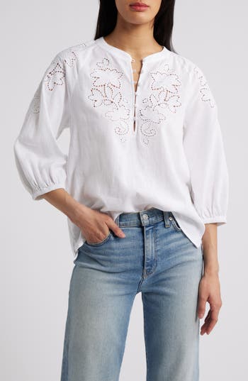 Caslon ® Embroidered Cutwork Split Neck Linen Blend Popover Top In White