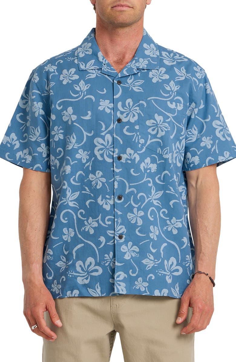 Quiksilver Lo-Biscus DNA Cotton & Linen Camp Shirt, Main, color, Riviera
