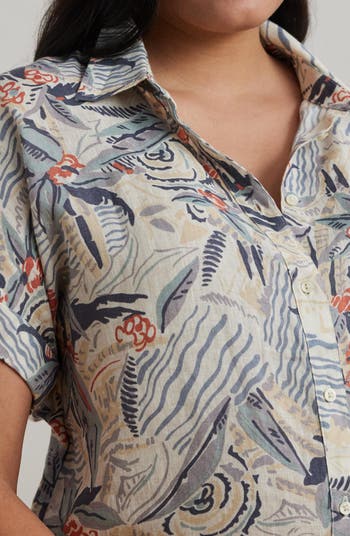Beach Print Relaxed Fit Short Sleeve Linen Button-Up Shirt