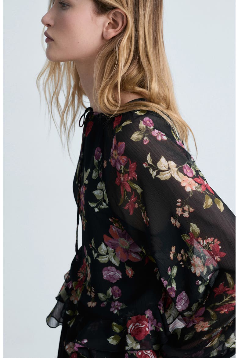 Floral Print Ruffle Shirt, Alternate, color, BLACK