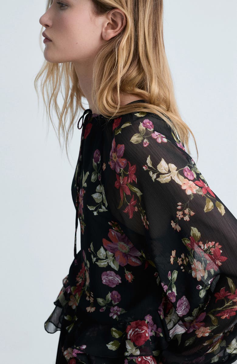 MANGO Floral Print Ruffle Shirt, Alternate, color, Black