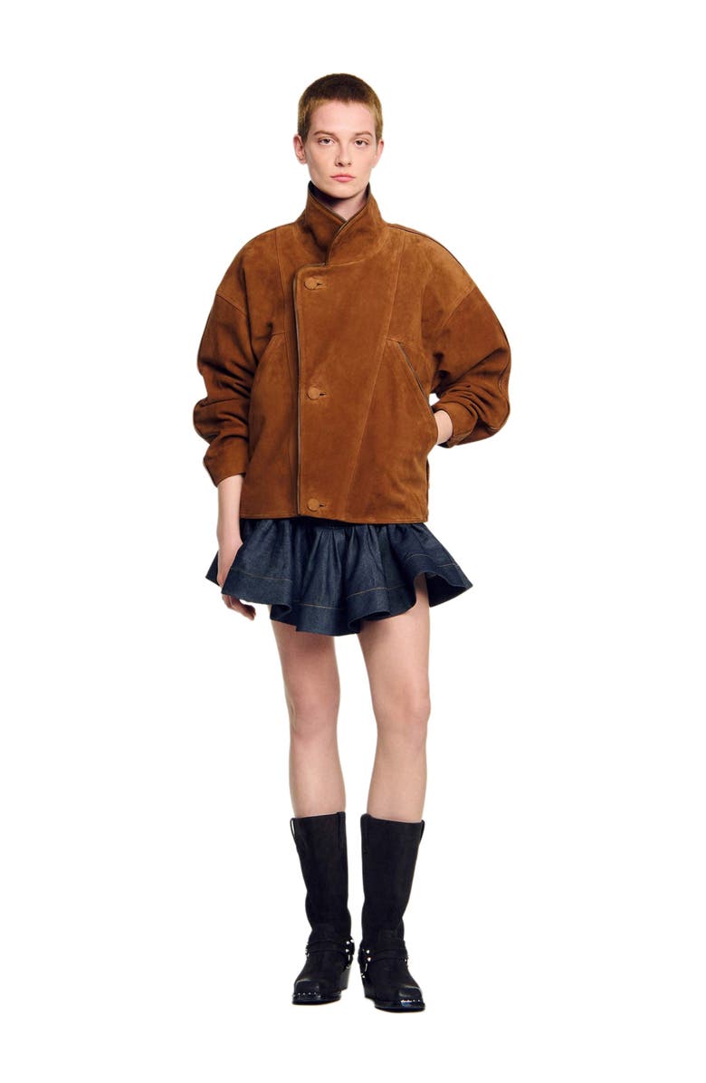 SANDRO Oversized suede jacket, Alternate, color, Brown