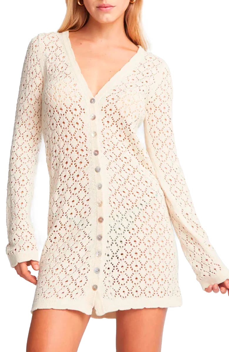 Capittana Alexandra Open Stitch Long Sleeve Cover-Up Minidress, Main, color, Ivory