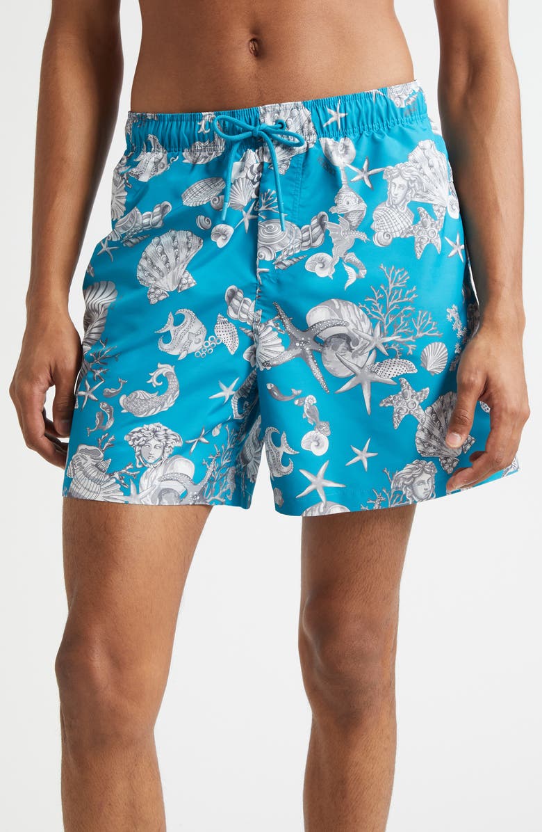 Versace Coral Theater Swim Trunks, Main, color, Dark Sea Green Silver Grey