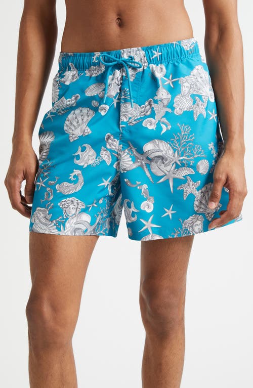 Versace Coral Theater Swim Trunks In Blue