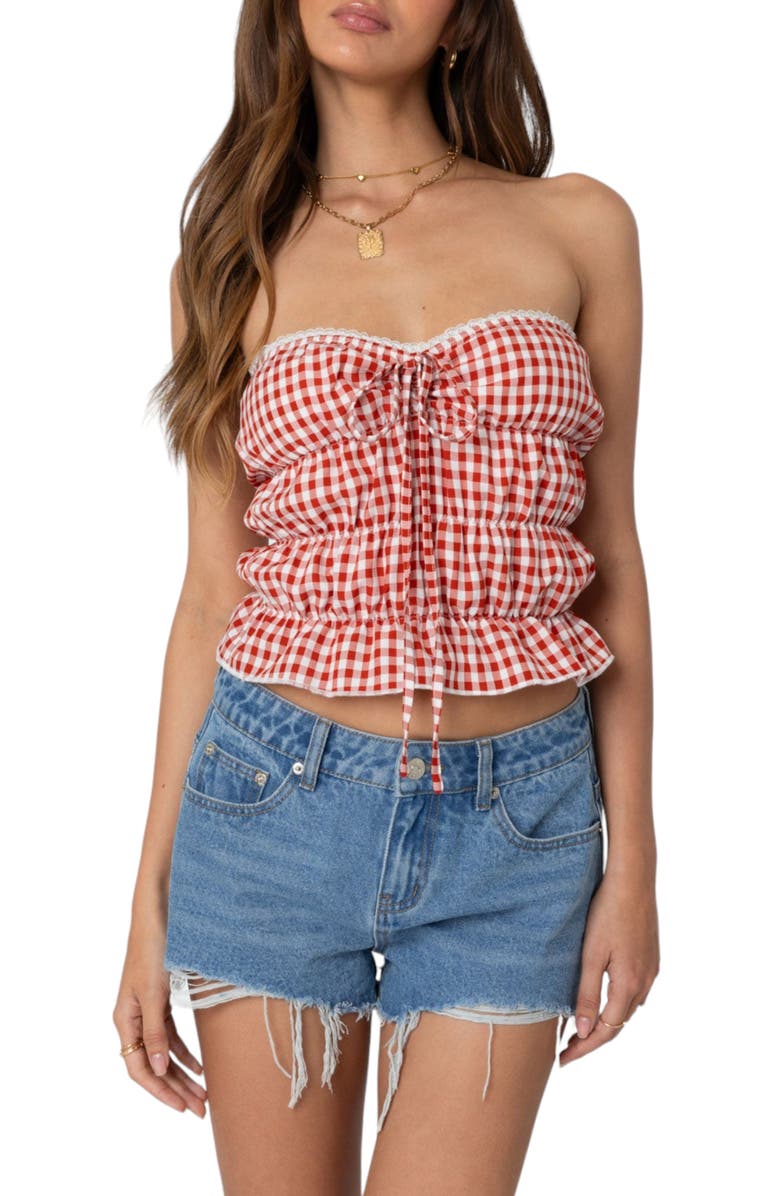 EDIKTED Lanna Gingham Scrunched Tube Top, Main, color, Red