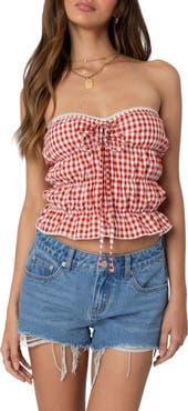 EDIKTED Lanna Gingham Scrunched Tube Top