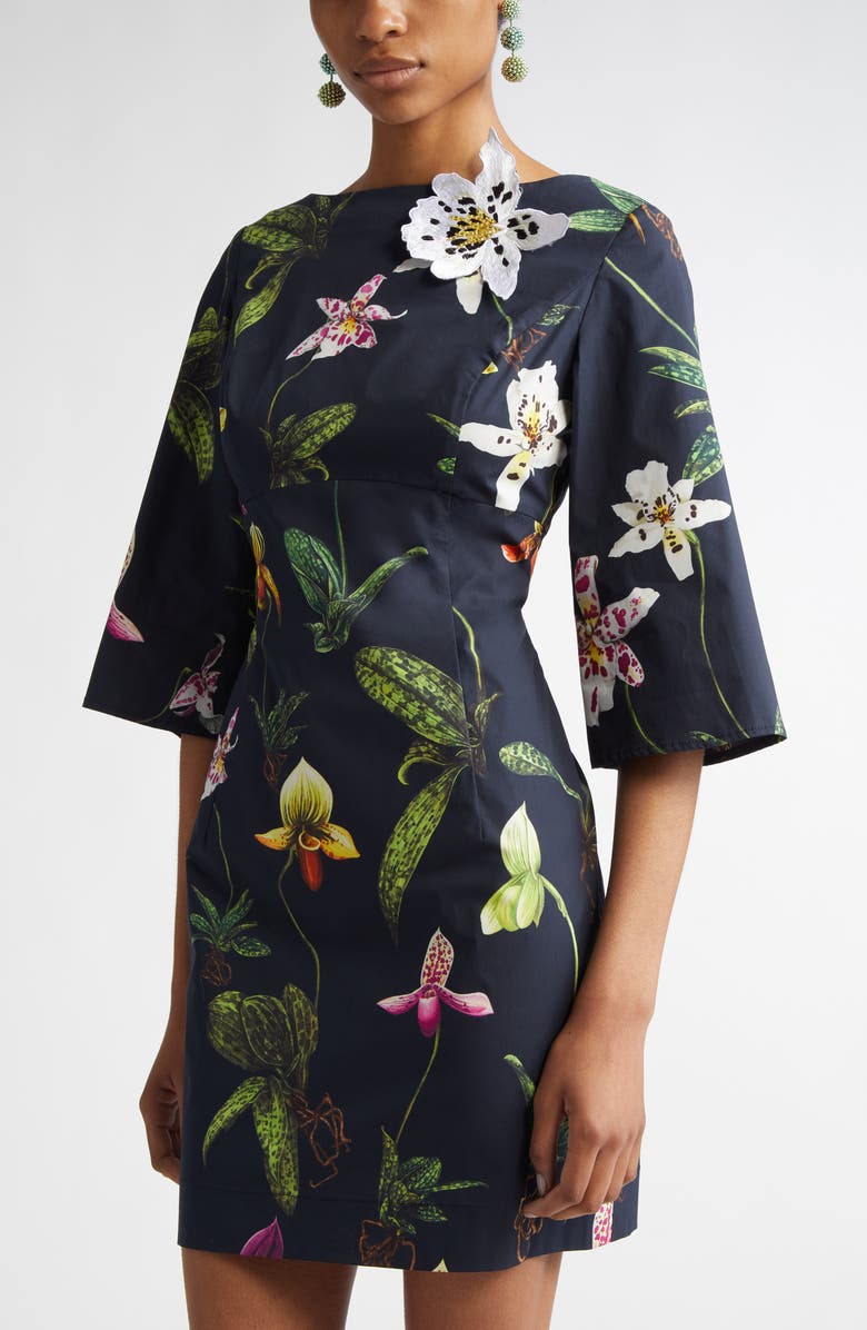Oscar de la Renta Orchid Print Stretch Poplin Minidress, Alternate, color, 