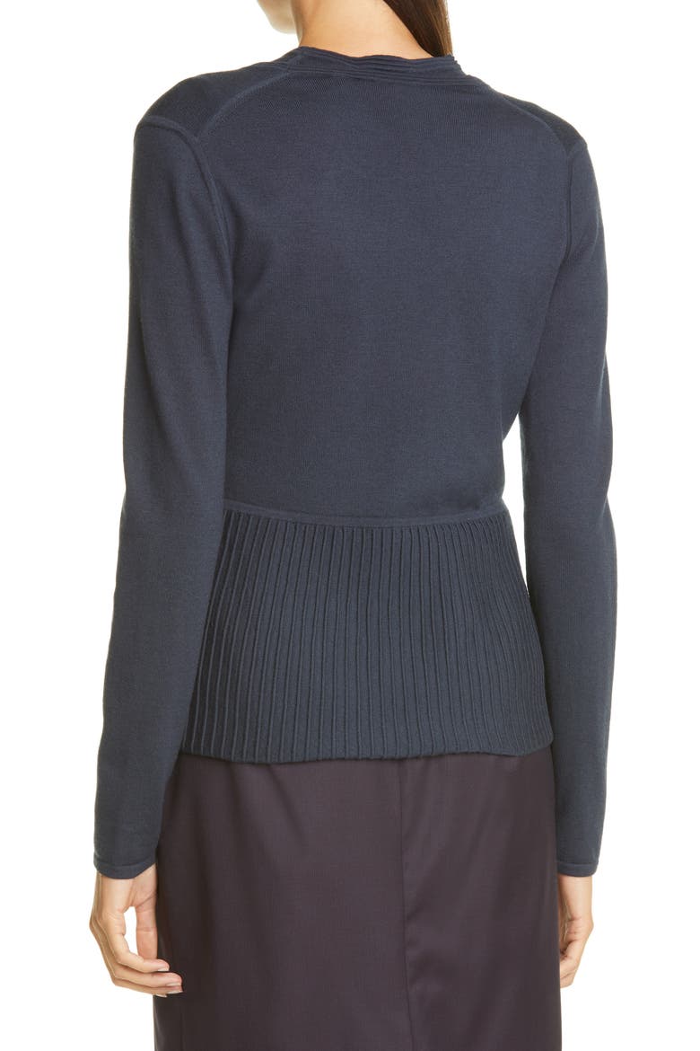 Faly Ribbed Peplum Wool Blend Cardigan, Alternate, color, NAVY