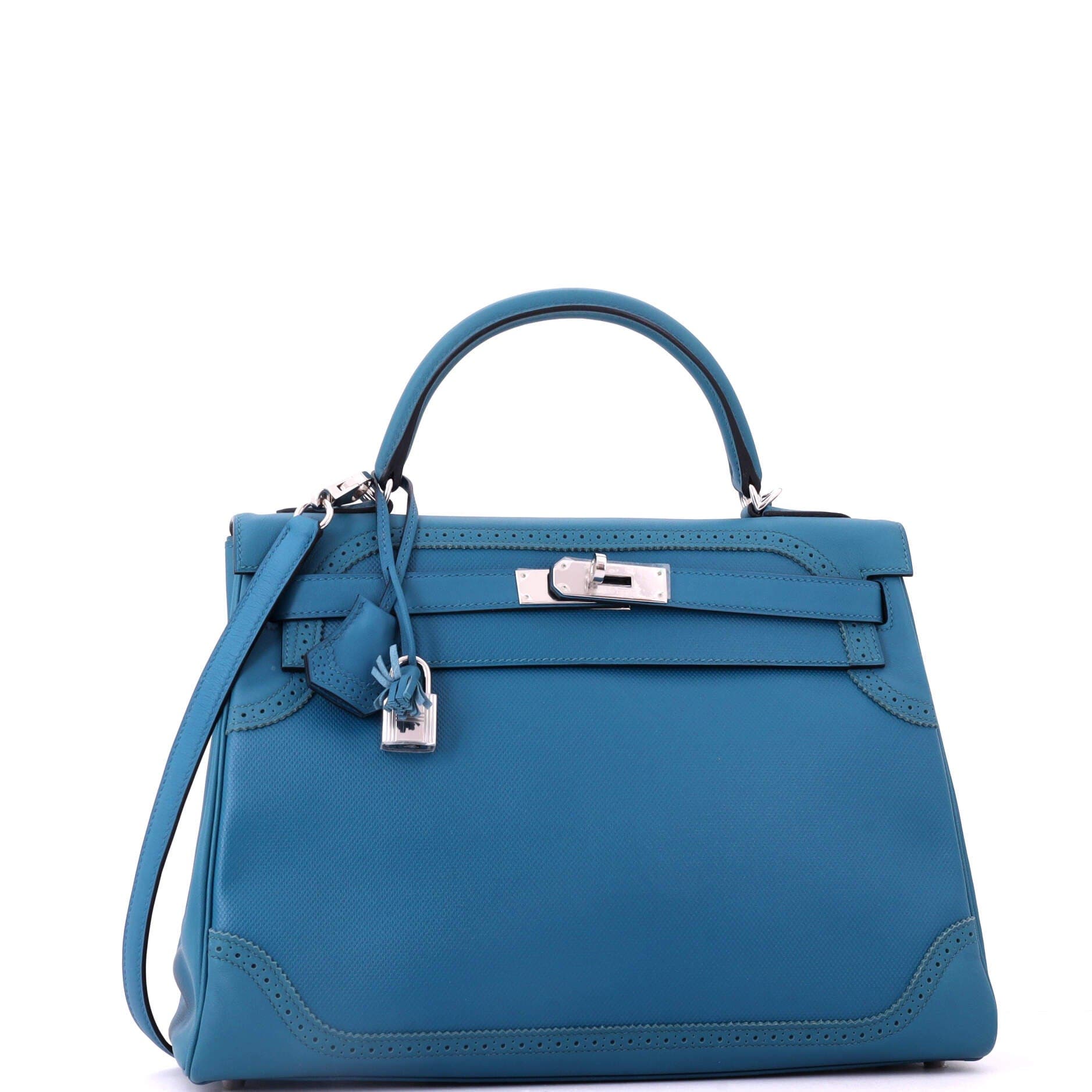 Pre-Owned Hermes Kelly Ghillies Handbag Blue Grain d'H and Swift with Palladium Hardware 32, Alternate, color, Colvert