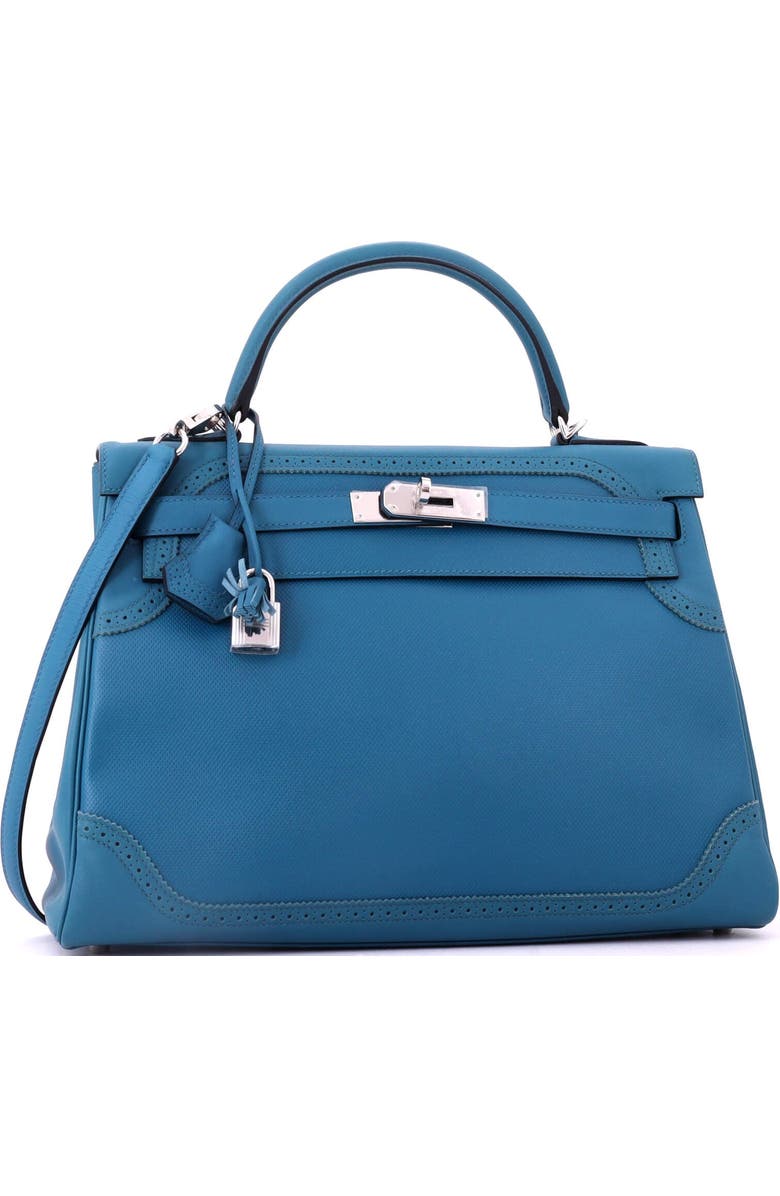 Pre-Owned Hermes Kelly Ghillies Handbag Blue Grain d'H and Swift with Palladium Hardware 32, Alternate, color, Colvert