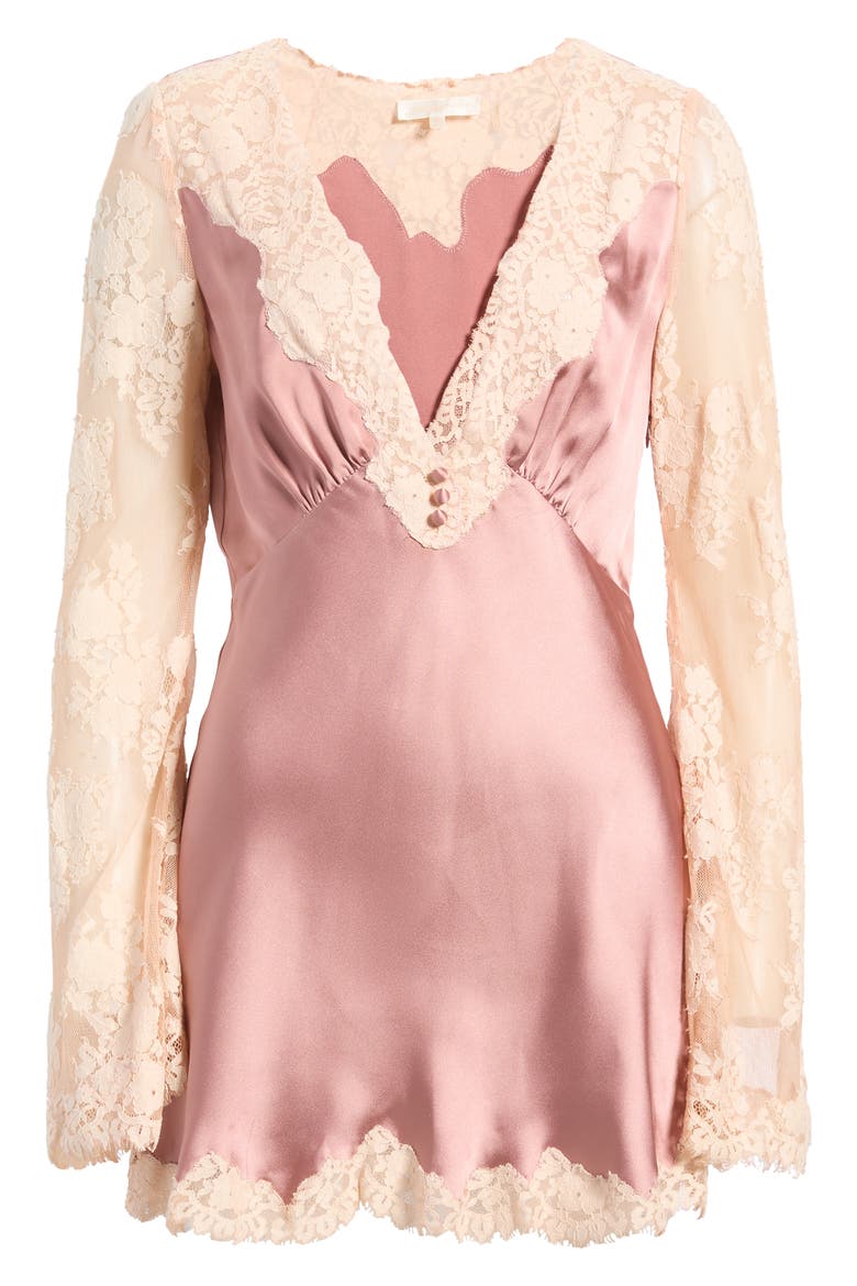 Dawselle Long Sleeve Lace & Satin Minidress, Main, color, ANTIQUED BLUSH
