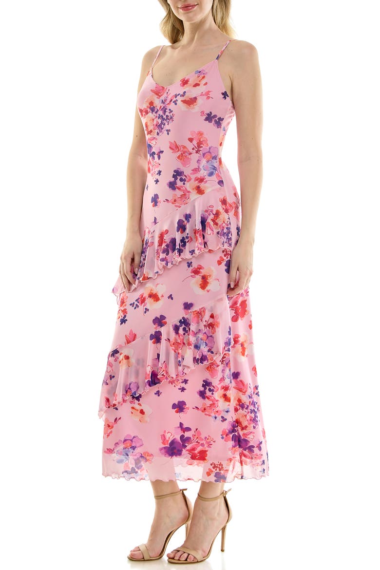 Print Mesh Ruffle Maxi Dress, Alternate, color, PINK MULTI