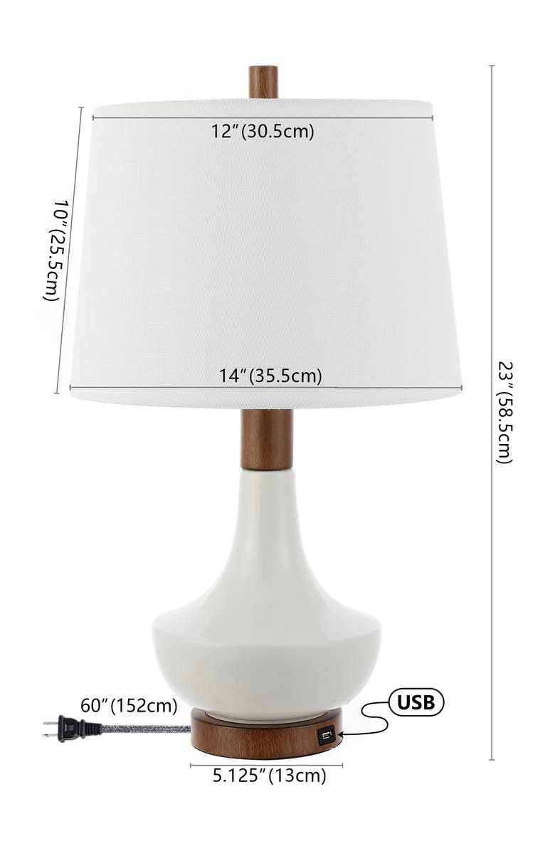 JONATHAN Y Finn 23" Vintage Minimalist Iron/Ceramic LED Mini Table Lamp with USB Charging Port, Wood Finished/White, Alternate, color, White/Brown Wood Finish