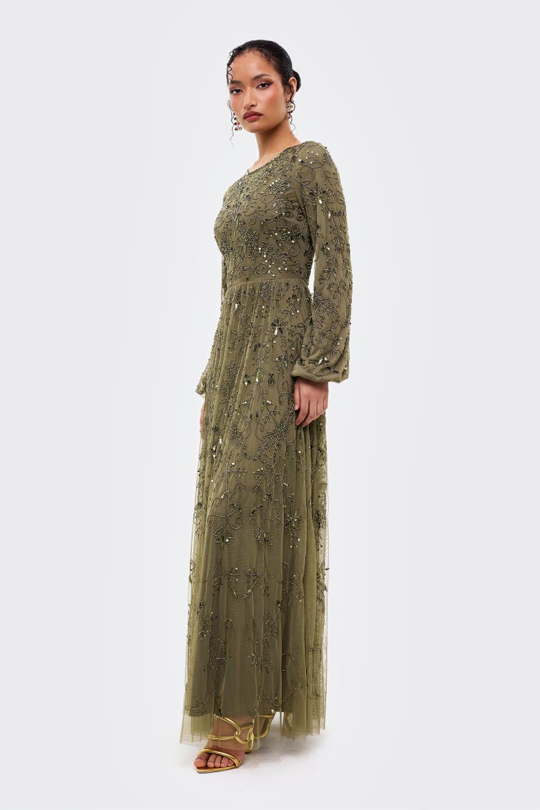 Modest Ebellished Sequins A Line Maxi Dress, Alternate, color, KHAKI