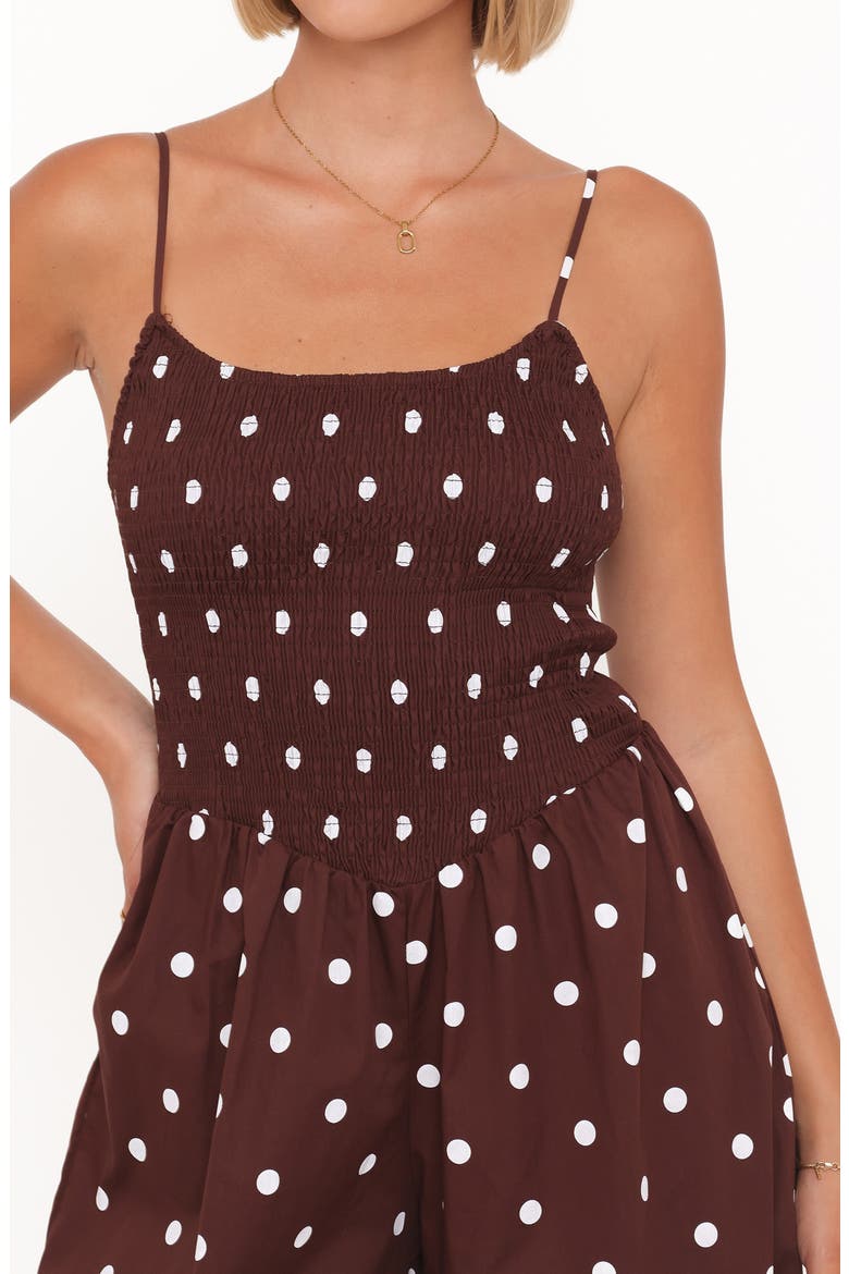 Paloma Polka Dot Smocked Jumpsuit, Alternate, color, CHOCOLATE POLKA DOT