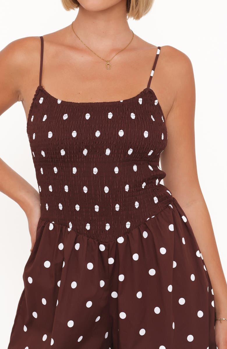 Petal & Pup Paloma Polka Dot Smocked Jumpsuit, Alternate, color, Chocolate Polka Dot