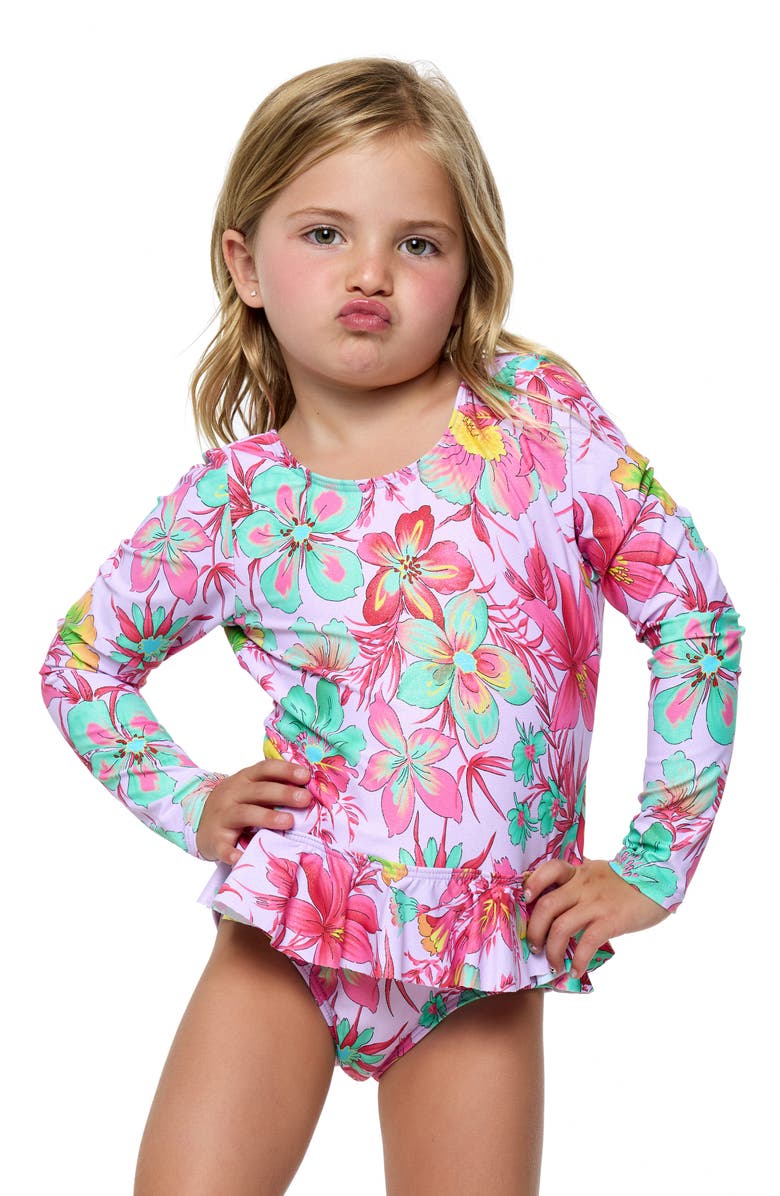 Beach Lingo Kids' Rashguard Top & Bikini Bottoms Set, Alternate, color, Lavender Multi