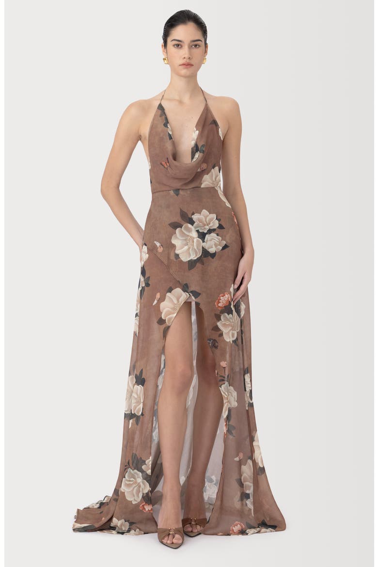Cairo Floral Plunge Halter Neck Gown, Alternate, color, DESERT TAUPE