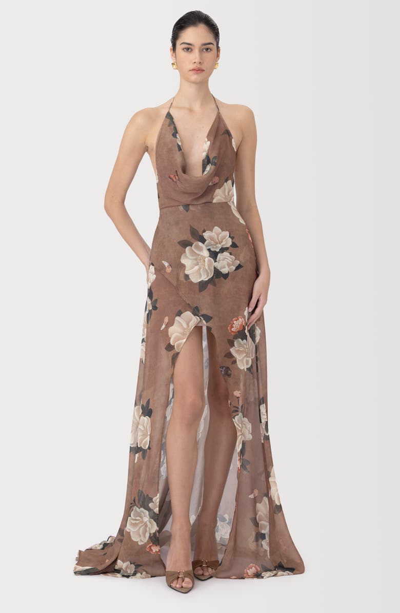 SAU LEE Cairo Floral Plunge Halter Neck Gown, Alternate, color, Desert Taupe