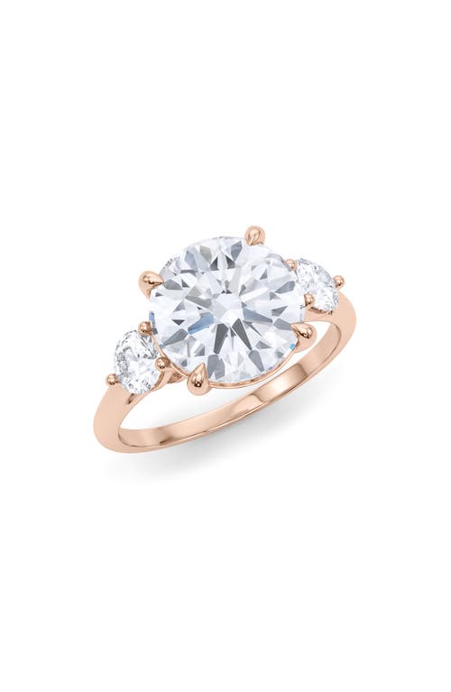 HauteCarat Three Stone Round Cut Lab Created Diamond Ring in 2.83Ctw 18K Rose Gold 