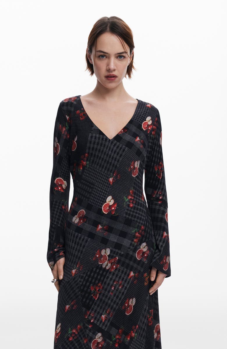 Desigual Mixed Print Long Sleeve Midi Dress, Alternate, color, Gray