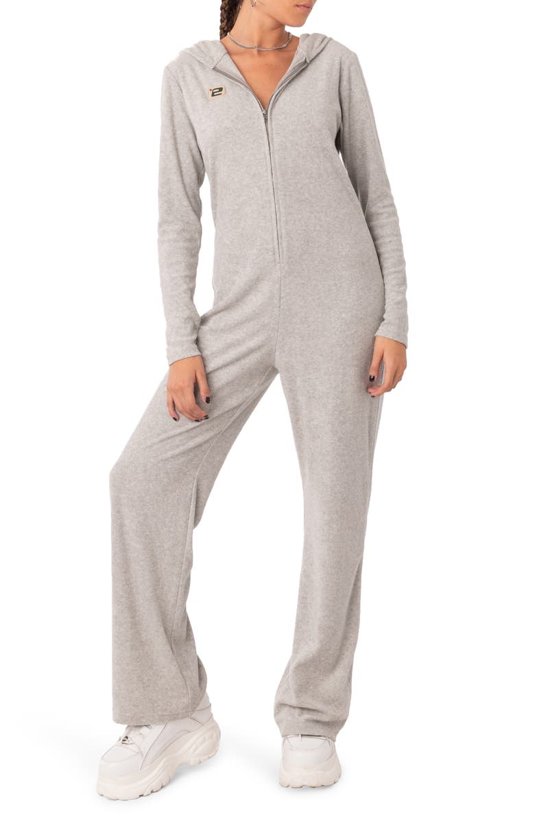 EDIKTED Hooded Terry Lounge Jumpsuit, Main, color, 