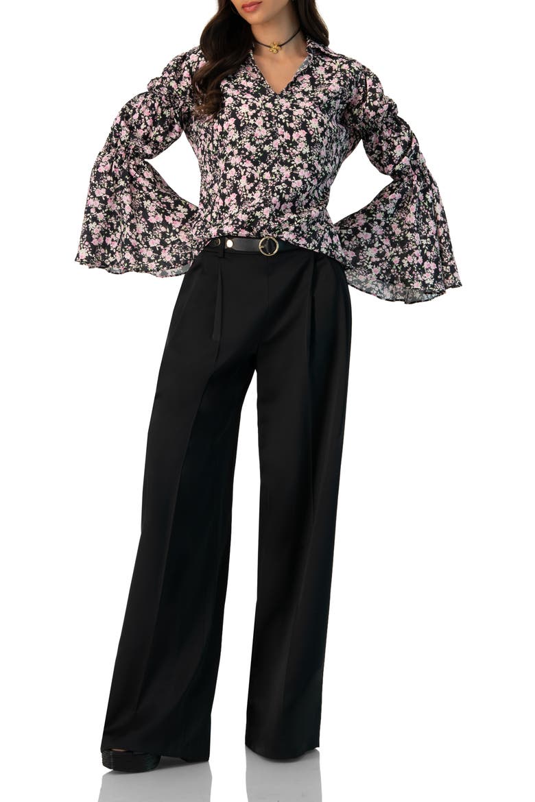 Collared Long Sleeve Floral Print Blouse, Alternate, color, Black