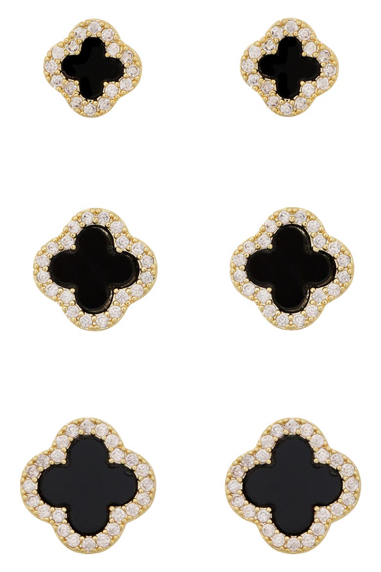 Set of 3 Cubic Zirconia Halo Clover Stud Earrings, Main, color, BLACK