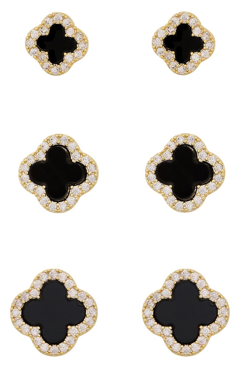 Panacea Set of 3 Cubic Zirconia Halo Clover Stud Earrings, Main, color, Black