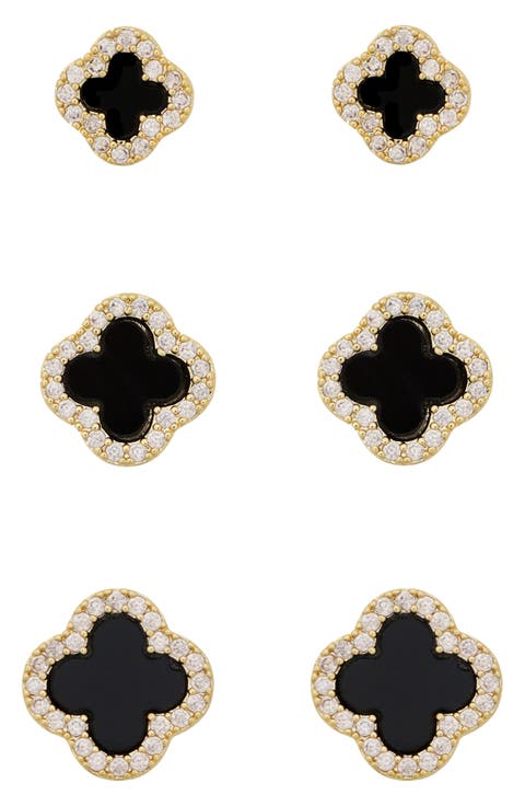 Set of 3 Cubic Zirconia Halo Clover Stud Earrings