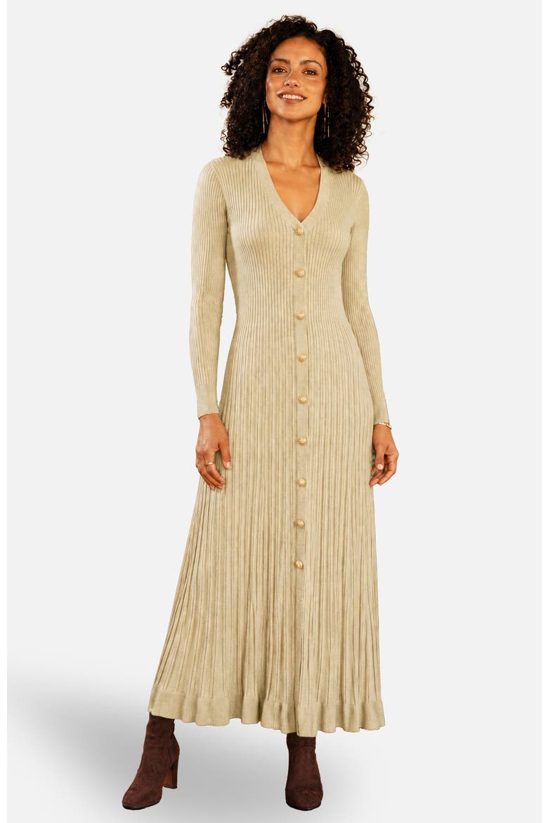 Button-Front Knitted Ribbed Dress, Main, color, Beige