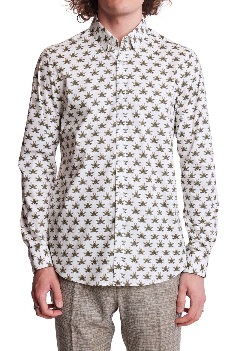 Brian Beetle Print Stretch Cotton Dress Shirt, Main, color, WHITE BEES
