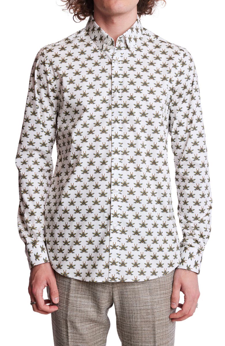 PAISLEY & GRAY Brian Beetle Print Stretch Cotton Dress Shirt, Main, color, White Bees
