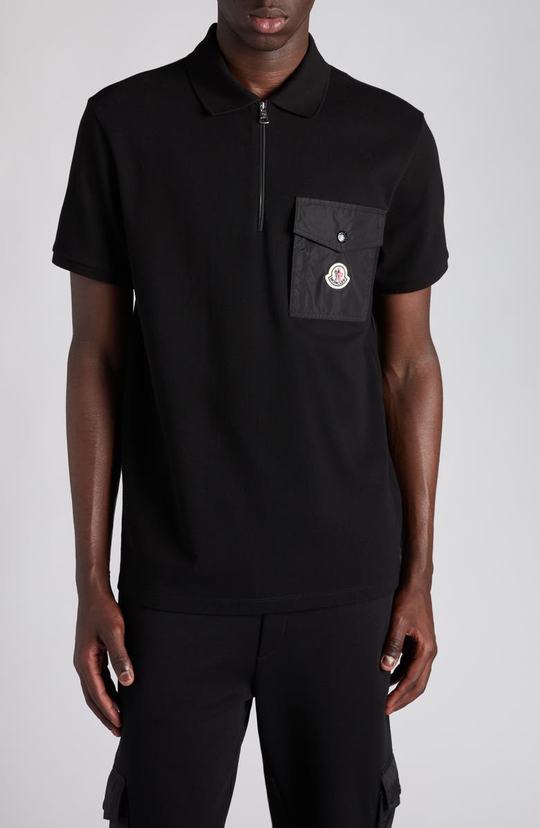 Moncler Logo Patch Pocket Zip Polo, Main, color, Black