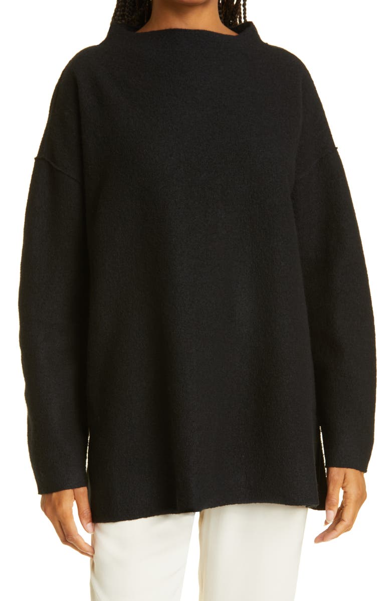 Eileen Fisher Funnel Neck Boxy Boiled Wool Sweater, Main, color,