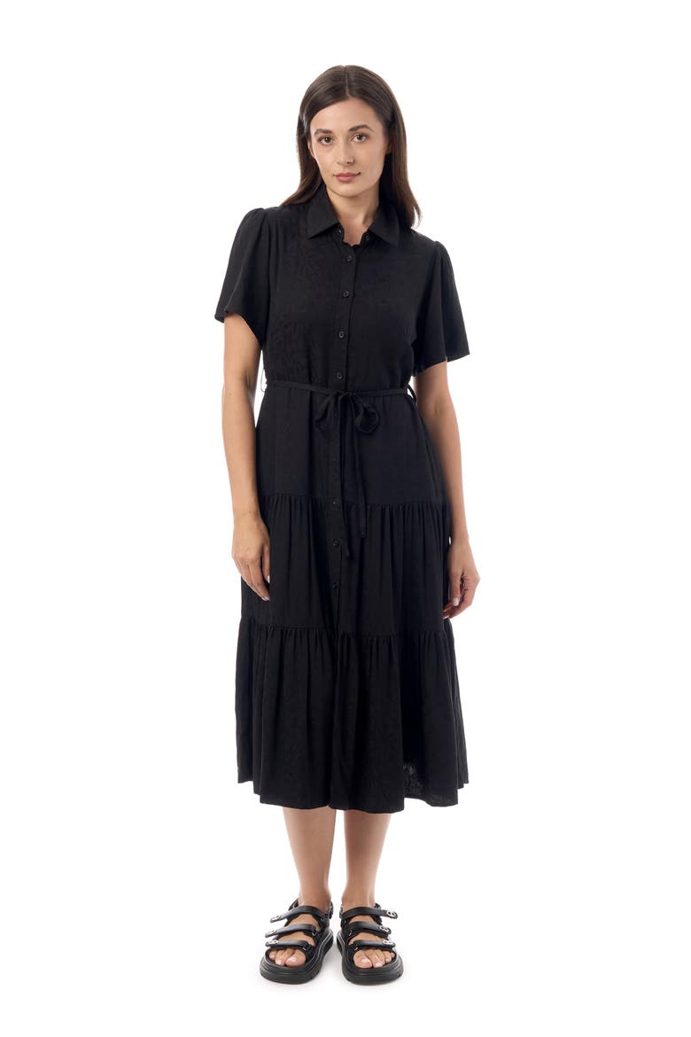 Jacquard Tiered Belted Midi Dress, Main, color, Black
