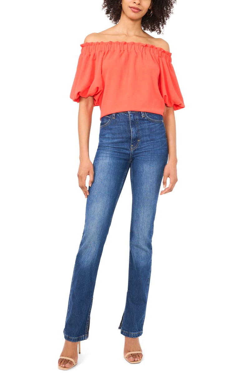 Vince Camuto Print Off the Shoulder Puff Sleeve Top, Alternate, color, Cayenne