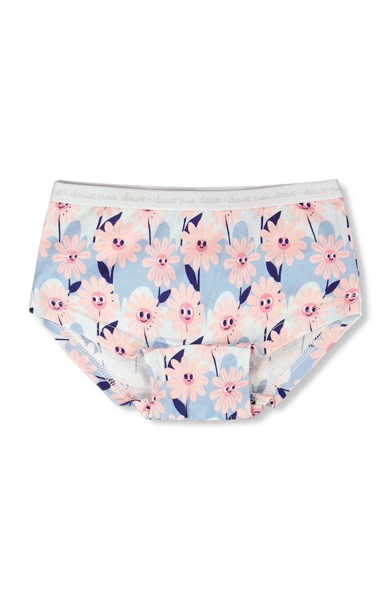 Deux par Deux Organic Cotton Smiling Flower Boyshort Panty, Main, color, Blue Smiling Flower Print