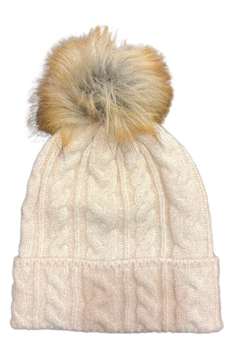 MARCUS ADLER Faux Fur Pom Cable Knit Beanie, Main, color, Ivory