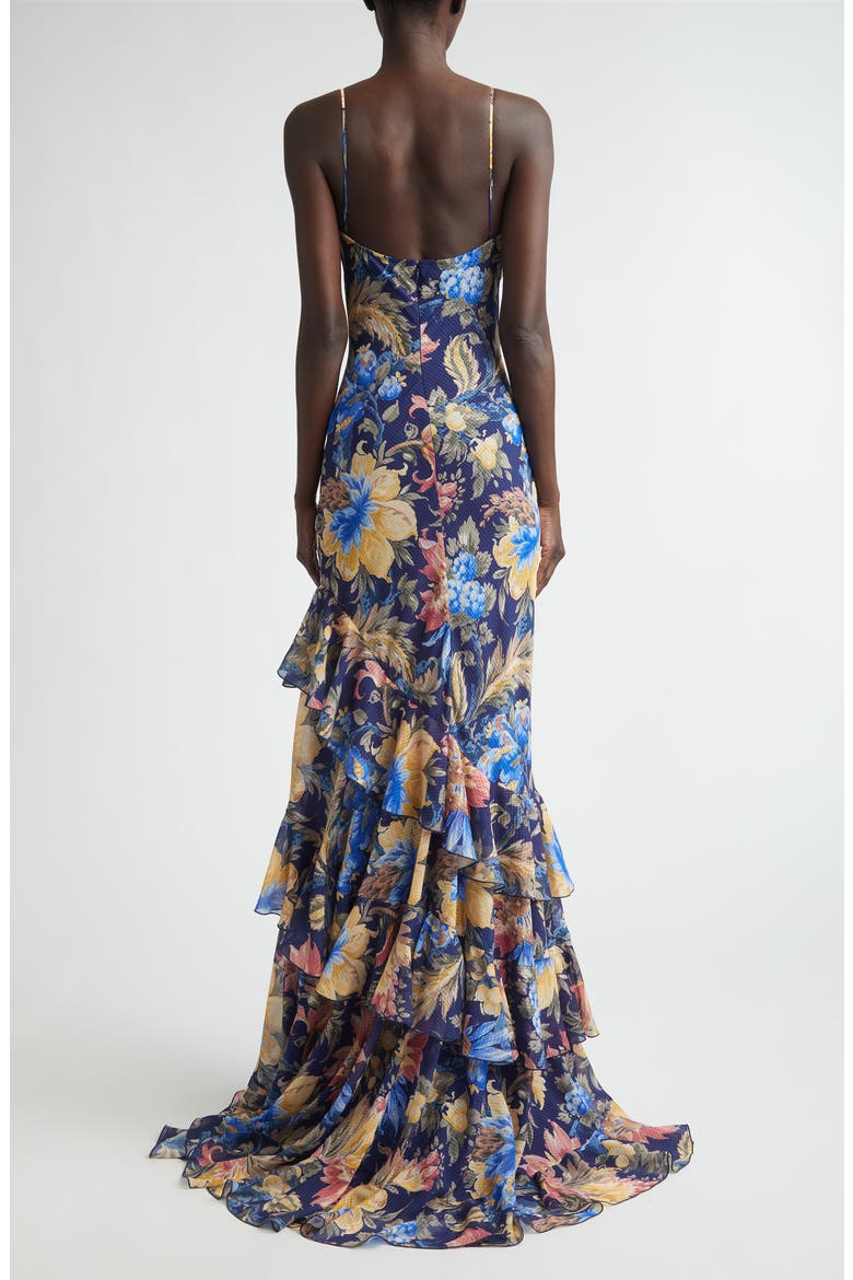 Floral Ruffle Check Jacquard Gown, Alternate, color, PRINT ON BLUE BASE