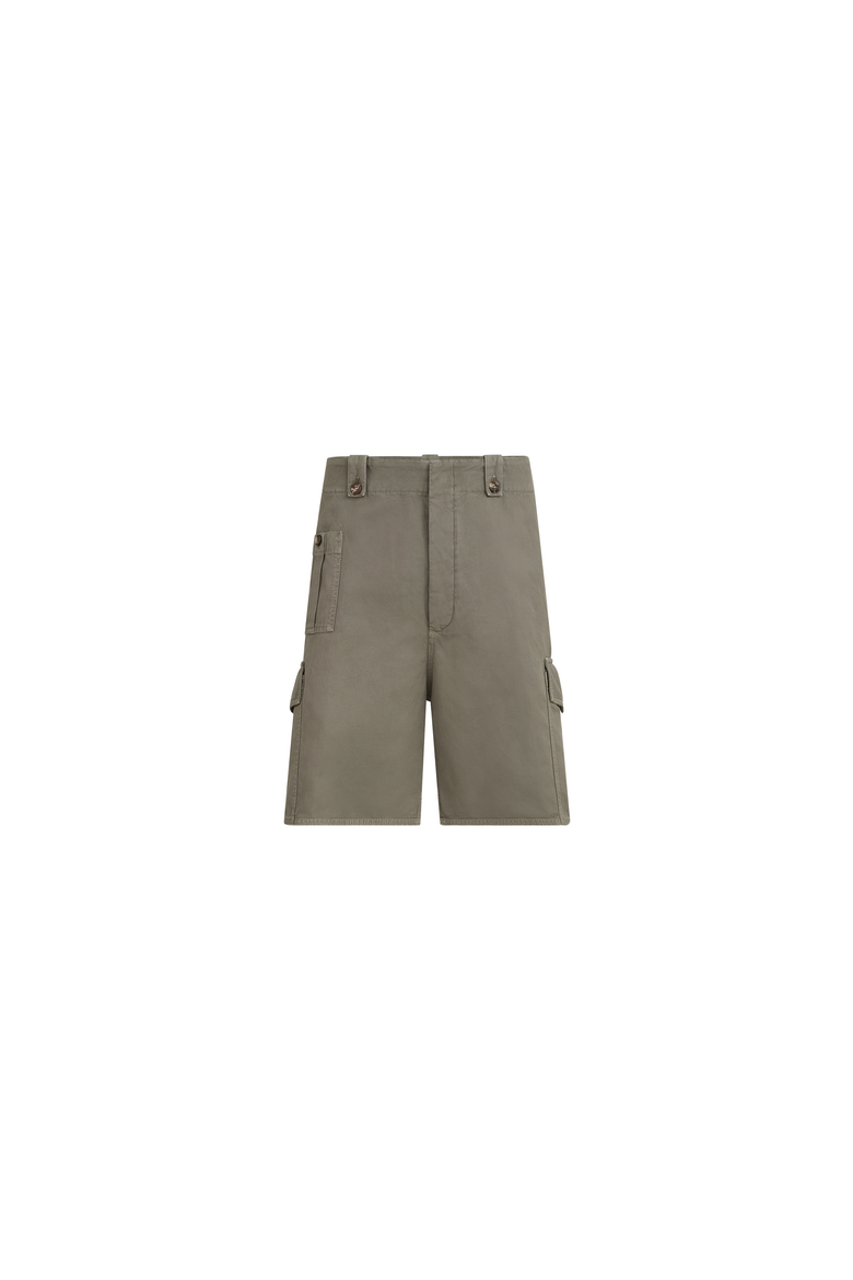 Garment-dyed Bermuda shorts in cotton and linen canvas with cargo pockets, Alternate, color, Military