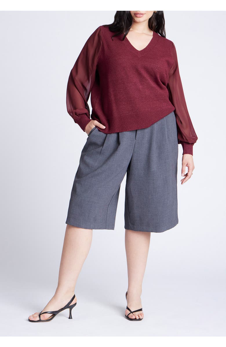 ELOQUII Sheer Sleeve V-Neck Sweater, Alternate, color, Bordeaux