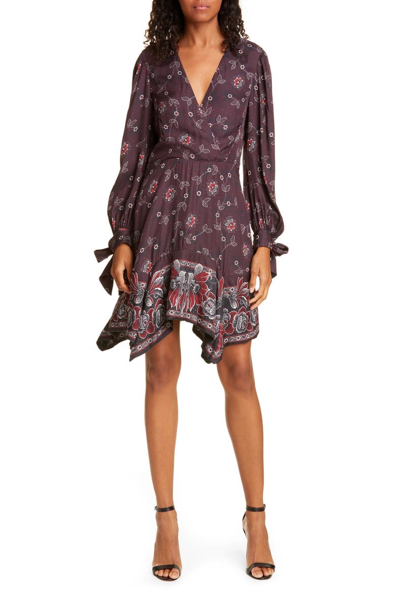 Claudine Long Sleeve Handkerchief Hem Silk Blend Dress, Main, color, PLUM COMBO