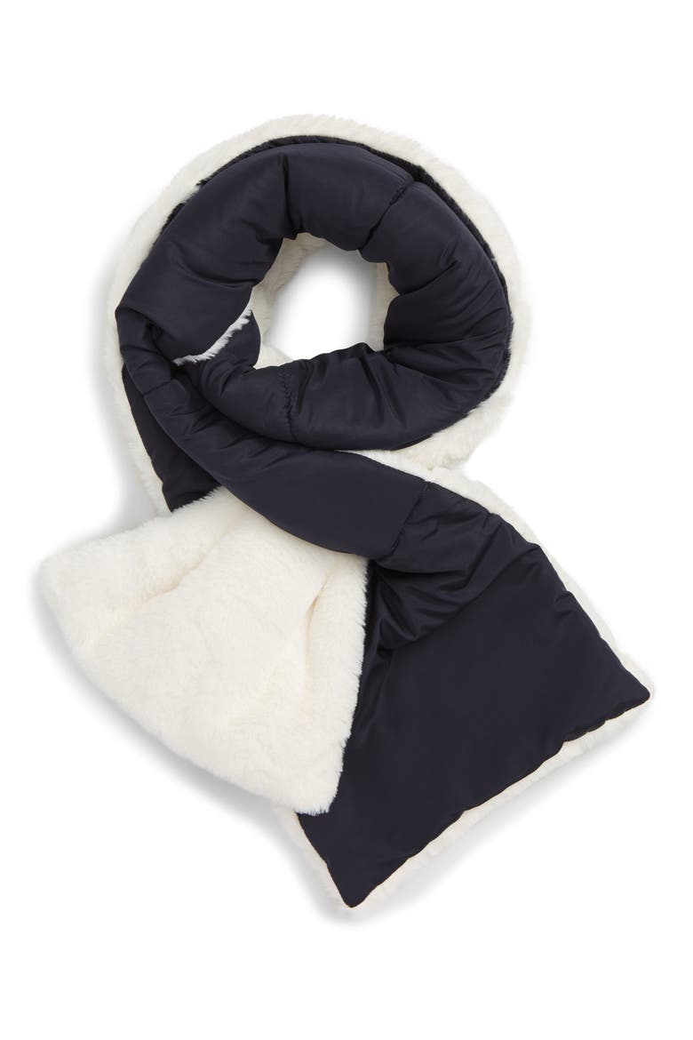 Reversible Faux Fur Puffer Scarf, Main, color, NAVY IVORY