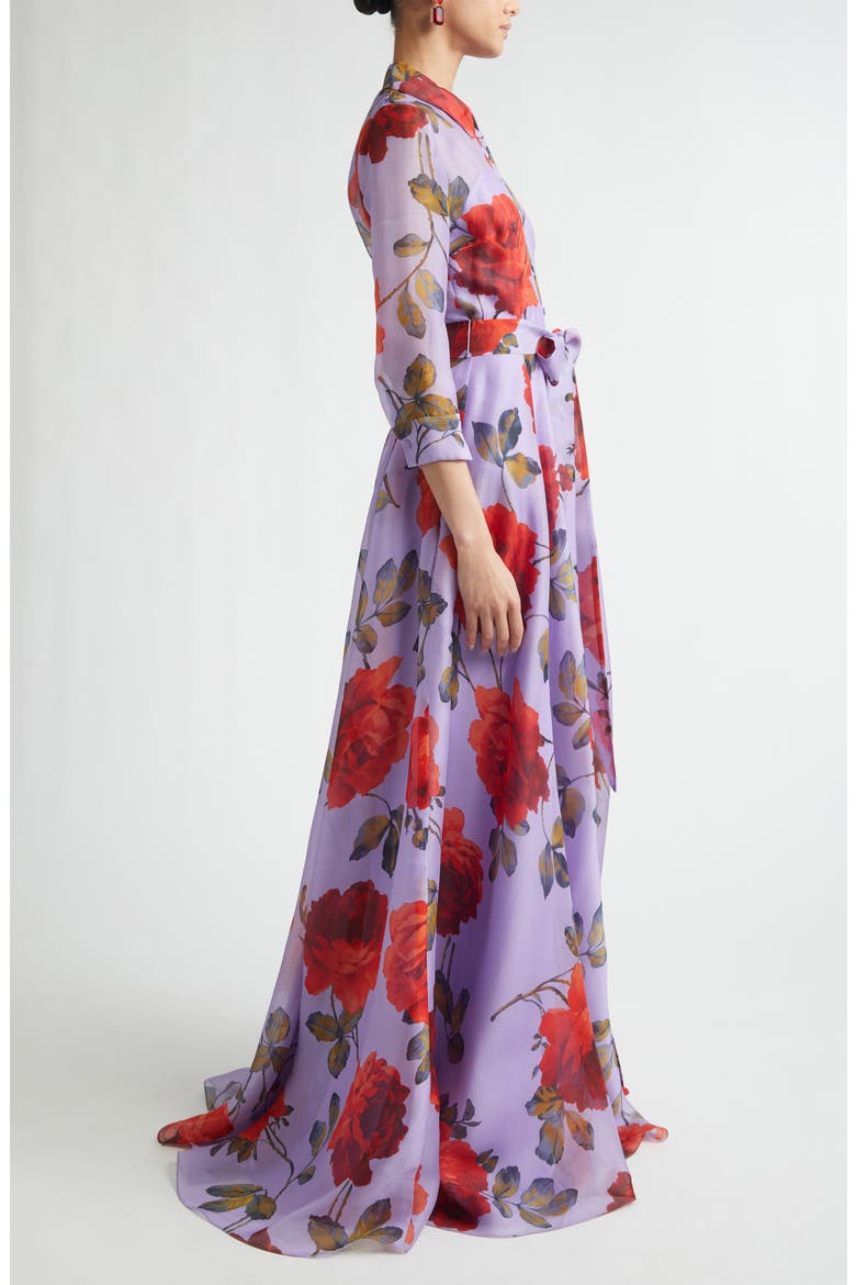 Rose Print Silk Organza Trench Gown, Alternate, color, VIOLETA MULTI